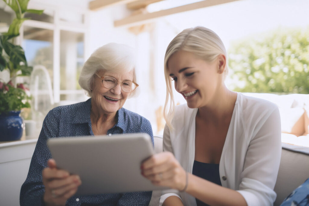 Junge und alte Frau mit Tablet